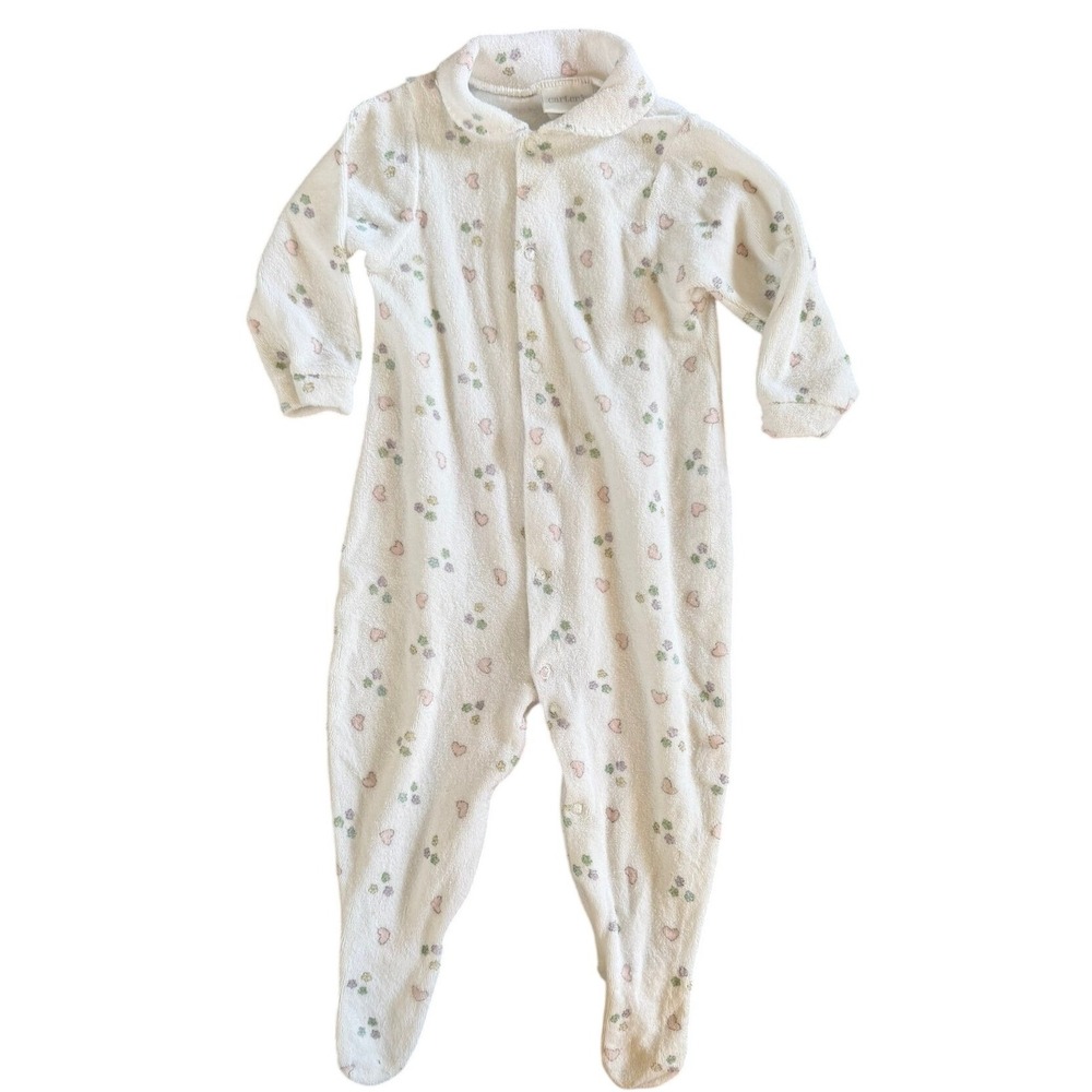 Vintage Carters Baby Girl Footed Sleeper White Heart Terrycloth 6-9M
